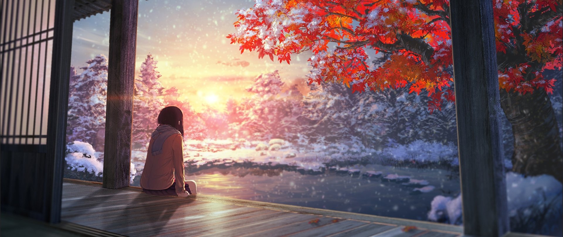 HD anime desktop wallpaper depicting a person sitting on a porch, gazing at a picturesque winter landscape with a vibrant red maple tree under a colorful sunset sky.