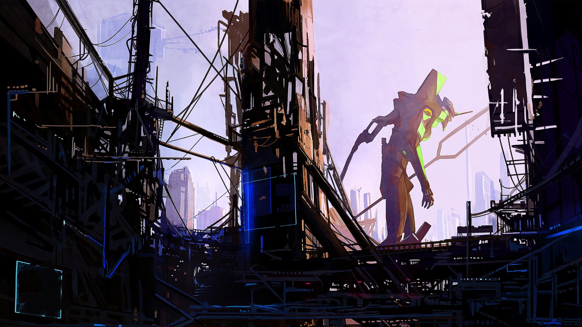 HD desktop wallpaper featuring Evangelion Unit-01 from the anime Neon Genesis Evangelion, amidst a futuristic and industrial backdrop.