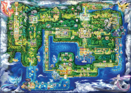HD PC desktop wallpaper featuring the detailed map from the video game Pokémon: Let's Go Pikachu and Let's Go Eevee, showcasing vibrant landscapes and routes.