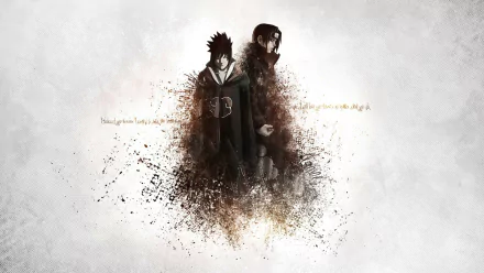 HD anime desktop wallpaper featuring Itachi Uchiha and Sasuke Uchiha from Naruto, with a dark, fragmented artistic design on a light background.