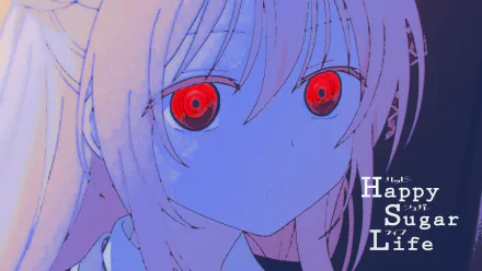 HD desktop wallpaper featuring Satō Matsuzaka from the anime Happy Sugar Life. The image shows her with red eyes and light hair, with the title of the anime displayed on the right side.