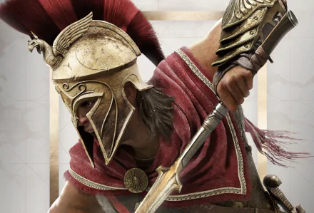 4K Ultra HD PC wallpaper featuring a detailed warrior from the video game Assassin's Creed Odyssey, showcasing ancient armor and dynamic action.