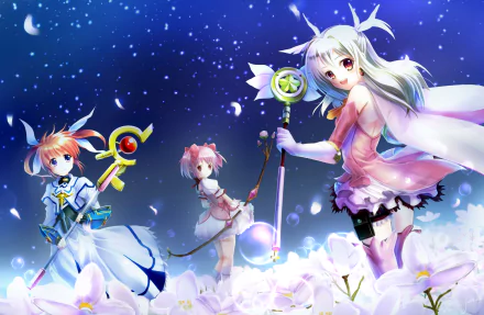 Nanoha Takamachi Magical Girl Lyrical Nanoha Madoka Kaname Puella Magi Madoka Magica Illyasviel Von Einzbern Fate/kaleid liner Prisma Illya Anime crossover HD Desktop Wallpaper | Background Image