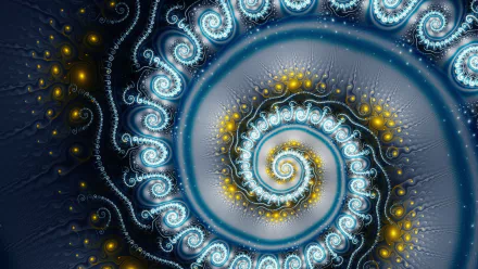 Abstract fractal swirl in blue and gold tones, creating a mesmerizing HD PC desktop wallpaper with intricate, glowing patterns that spiral inward.