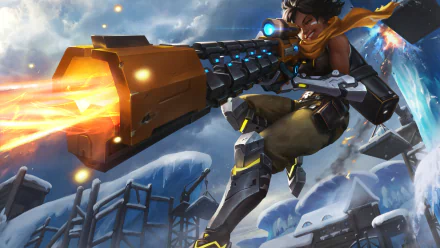 HD PC desktop wallpaper featuring Kinessa, a woman warrior from Paladins, wielding a large futuristic gun in a snowy mountain setting.