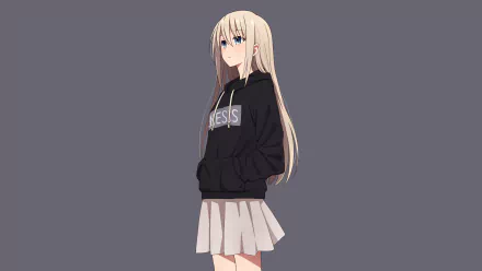 HD desktop wallpaper featuring an anime girl with long blonde hair and blue eyes, wearing a black hoodie and a light-colored skirt, set against a plain gray background.