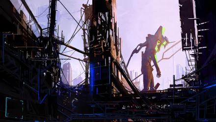HD desktop wallpaper featuring Evangelion Unit-01 from the anime Neon Genesis Evangelion, amidst a futuristic and industrial backdrop.