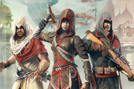 4K Ultra HD wallpaper featuring three characters from the video game Assassin's Creed Chronicles, each dressed in distinct assassin attire with weapons ready.