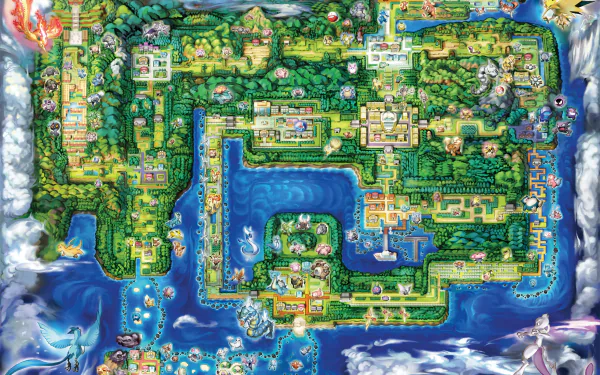 HD PC desktop wallpaper featuring the detailed map from the video game Pokémon: Let's Go Pikachu and Let's Go Eevee, showcasing vibrant landscapes and routes.