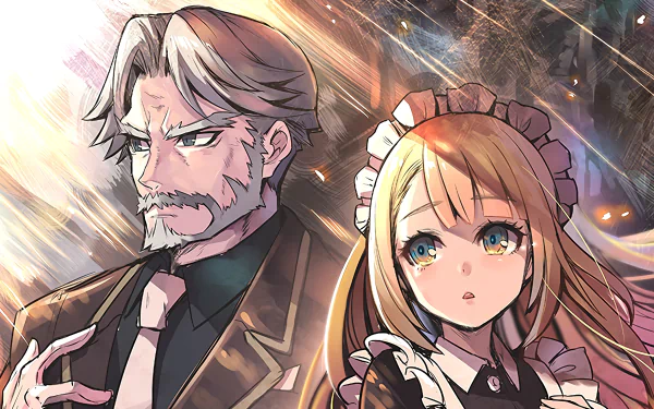 HD anime desktop wallpaper featuring Sebas Tian and Tsuareninya Veyron from Overlord. Sebas has white hair and suits, while Tsuareninya has blonde hair, a maid outfit, and expressive yellow eyes.