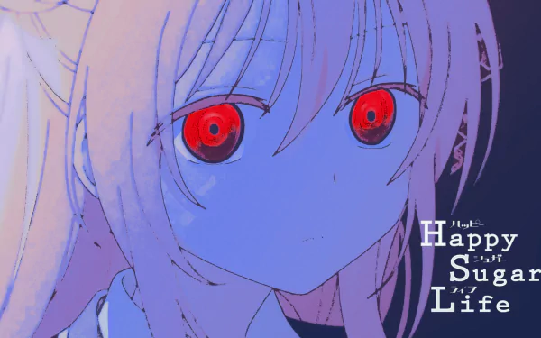 HD desktop wallpaper featuring Satō Matsuzaka from the anime Happy Sugar Life. The image shows her with red eyes and light hair, with the title of the anime displayed on the right side.