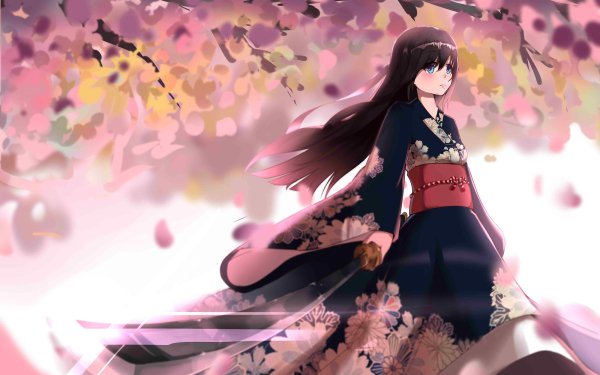 Anime Original Kimono Long Hair Black Hair Blue Eyes Sword Cherry Blossom HD Wallpaper | Background Image