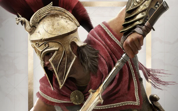 4K Ultra HD PC wallpaper featuring a detailed warrior from the video game Assassin's Creed Odyssey, showcasing ancient armor and dynamic action.