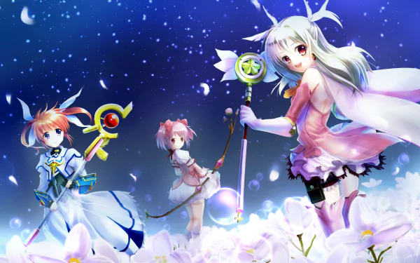 Nanoha Takamachi Magical Girl Lyrical Nanoha Madoka Kaname Puella Magi Madoka Magica Illyasviel Von Einzbern Fate/kaleid liner Prisma Illya Anime crossover HD Desktop Wallpaper | Background Image