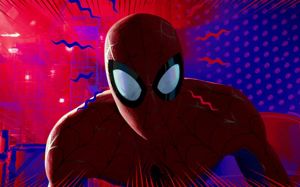 HD desktop wallpaper showcasing Spider-Man (Peter Parker) from the movie Spider-Man: Into The Spider-Verse, with vibrant red and blue hues creating a dynamic background.
