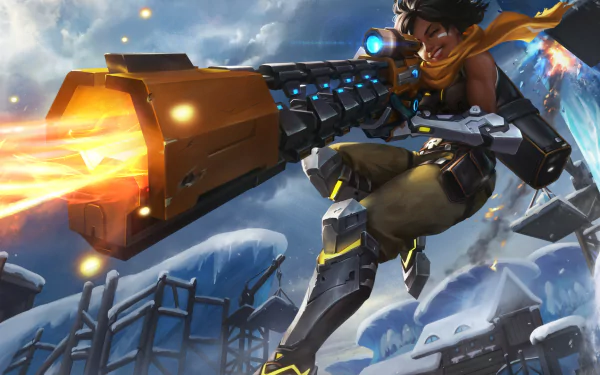 HD PC desktop wallpaper featuring Kinessa, a woman warrior from Paladins, wielding a large futuristic gun in a snowy mountain setting.