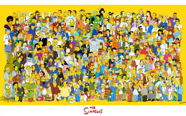 A vibrant 4K Ultra HD desktop wallpaper featuring an extensive cast of characters from the TV show The Simpsons against a bright yellow background.