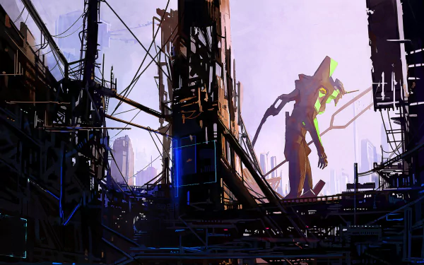 HD desktop wallpaper featuring Evangelion Unit-01 from the anime Neon Genesis Evangelion, amidst a futuristic and industrial backdrop.