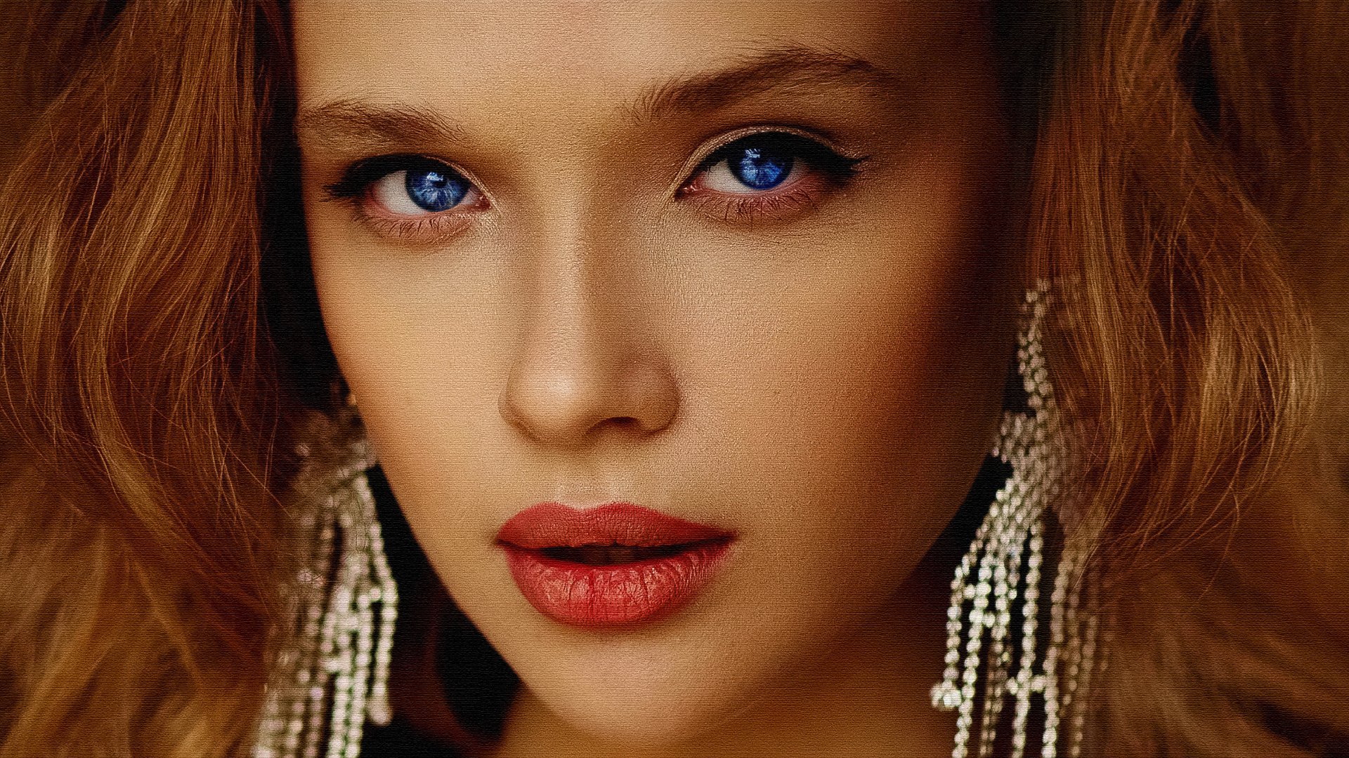 Close-up 4K Ultra HD portrait of a woman with striking blue eyes, red lipstick, and wavy hair, wearing intricate dangling earrings.