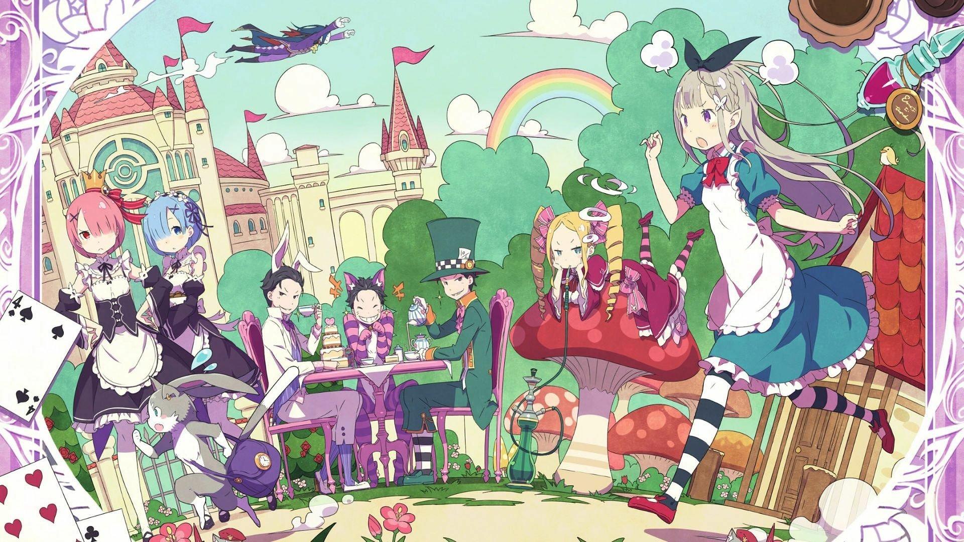 Colorful HD PC desktop wallpaper featuring anime characters from Re:Zero - Starting Life in Another World in a whimsical, fantasy setting with a castle and rainbow.