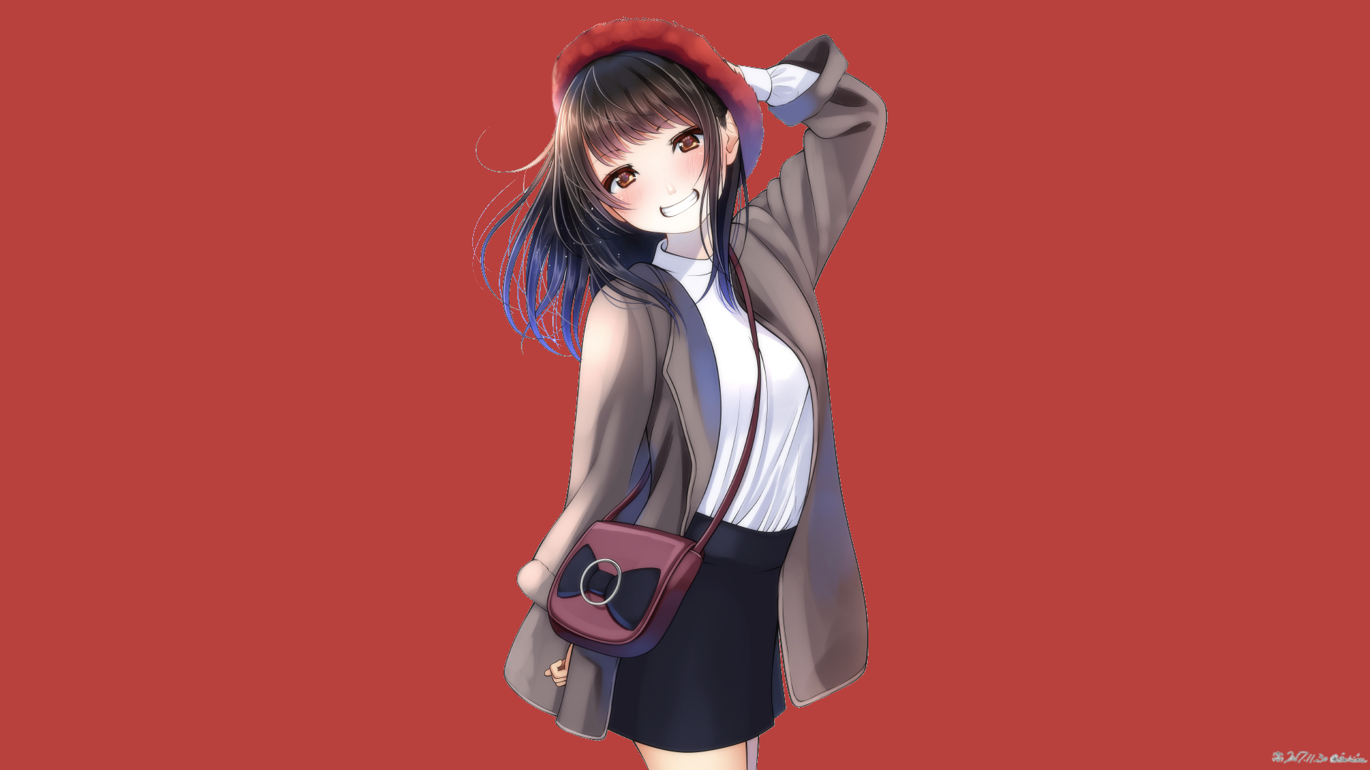 HD desktop wallpaper featuring an original anime character with a bright smile, red hat, and casual outfit against a solid red background.