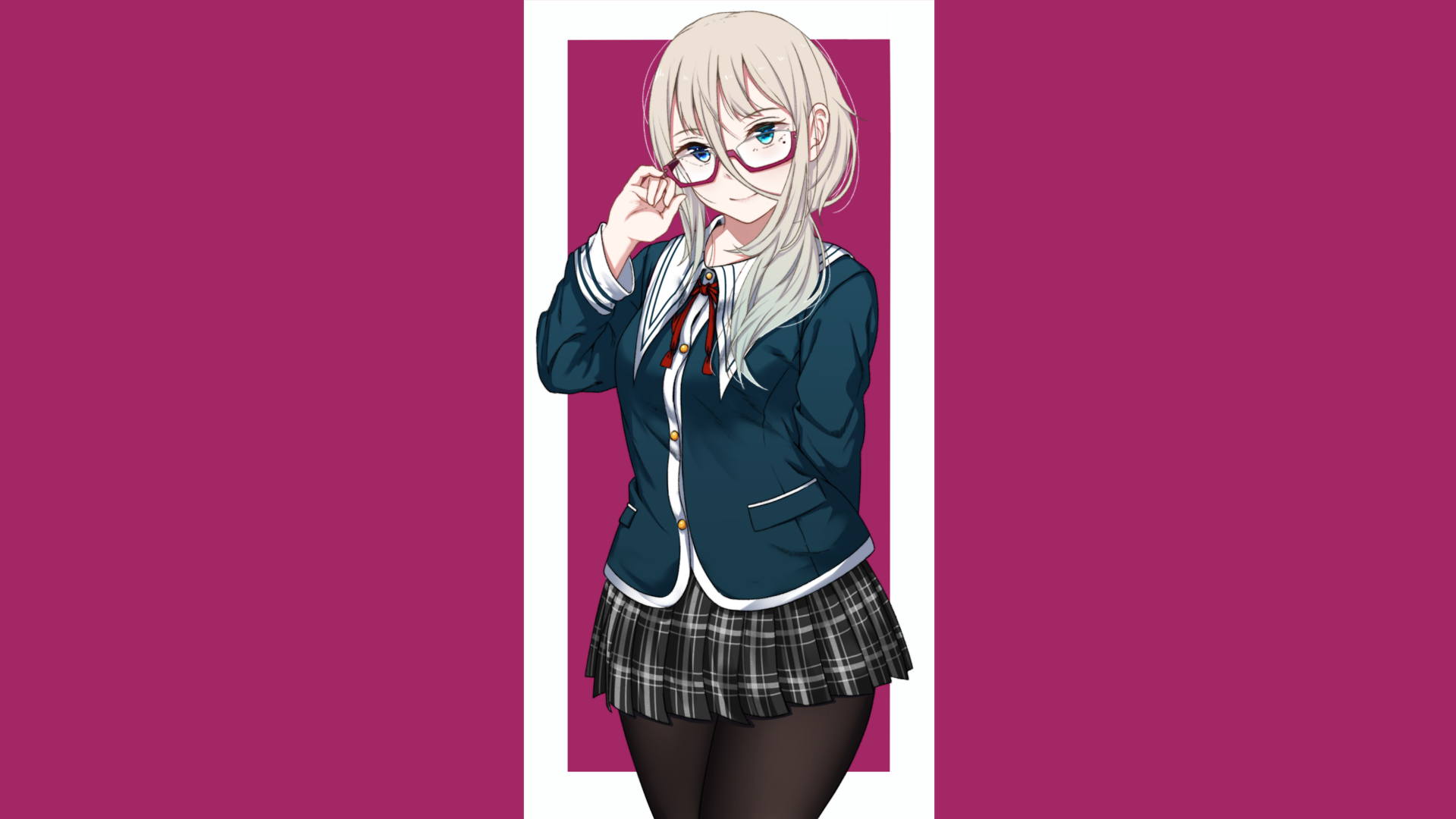 Anime girl in glasses wearing a school uniform with pantyhose, illustrated in 4K Ultra HD as a PC desktop wallpaper and background.