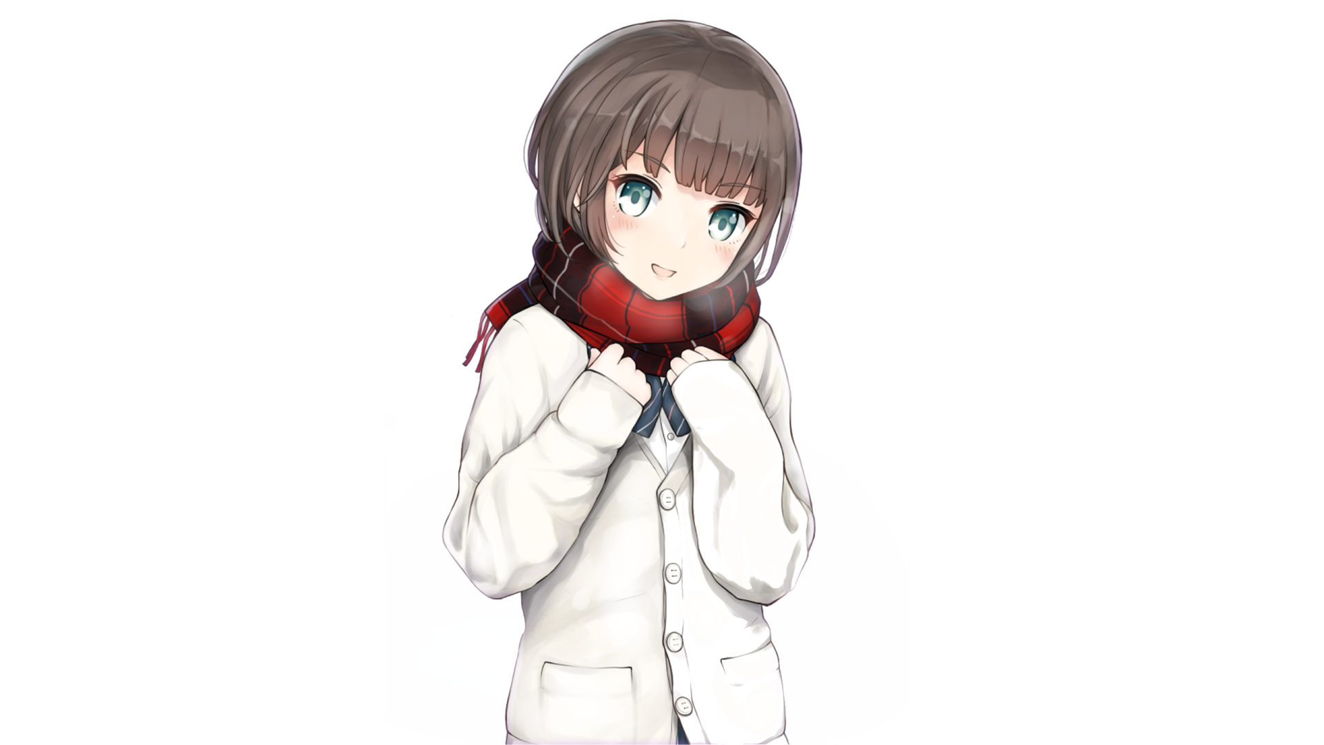 HD anime desktop wallpaper featuring a girl with short brown hair, blue eyes, wearing a white coat and a red and black scarf against a clean white background.