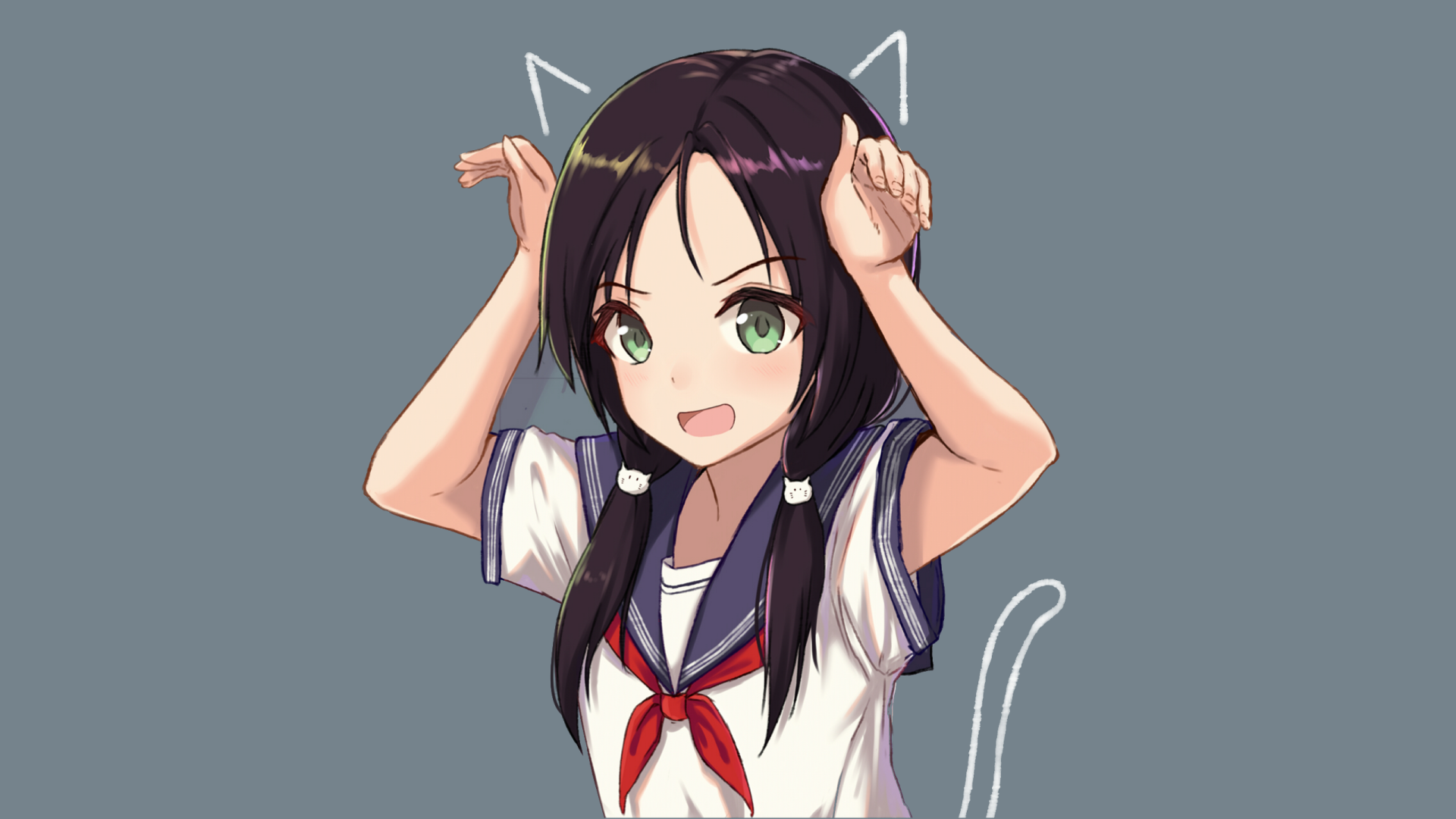 Anime character in a school uniform with cat ears and a tail on a HD desktop wallpaper background.