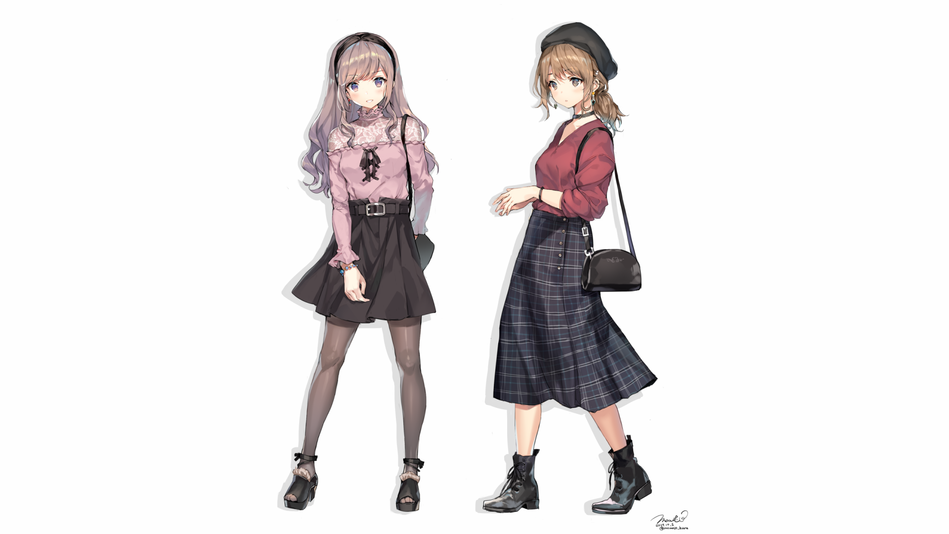 HD anime original artwork of two girls wearing skirts, featuring detailed outfits and accessories, designed as a PC desktop wallpaper and background.