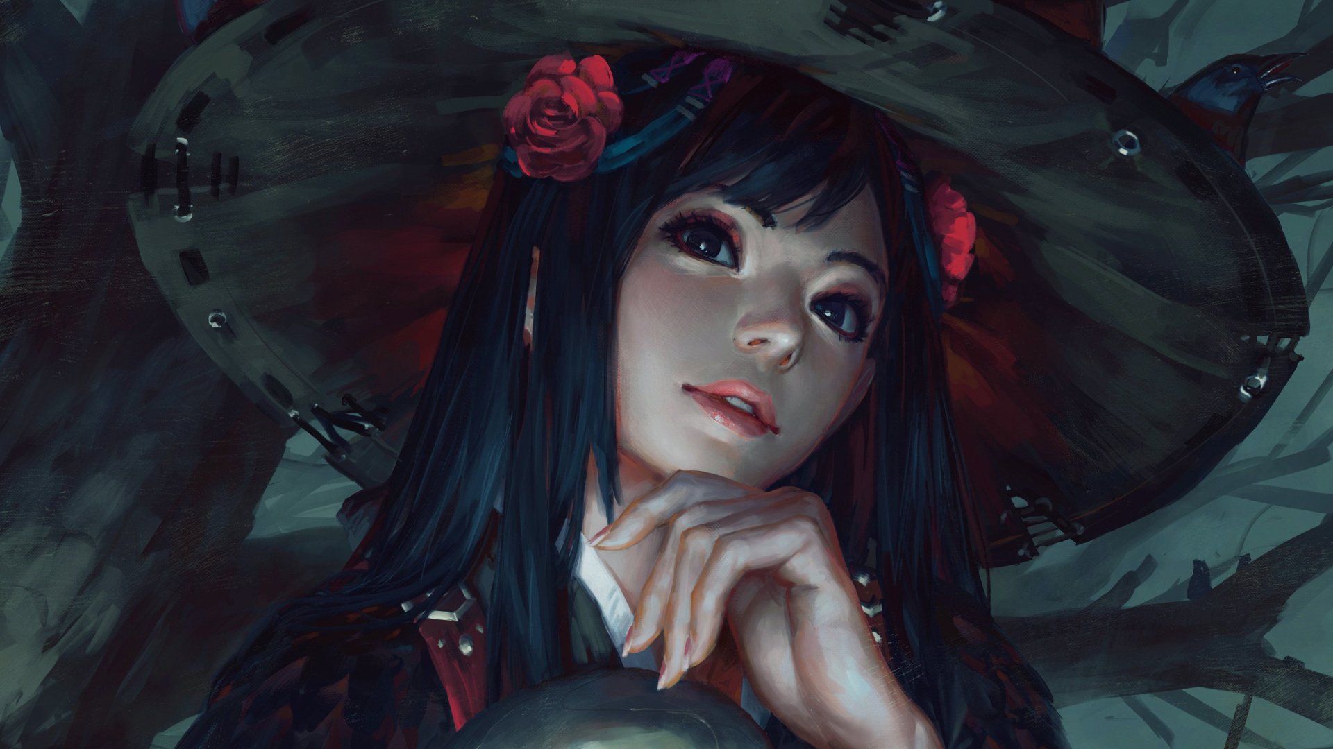 HD desktop wallpaper featuring a fantasy woman with blue hair, wearing a straw hat adorned with roses, and gazing softly ahead.