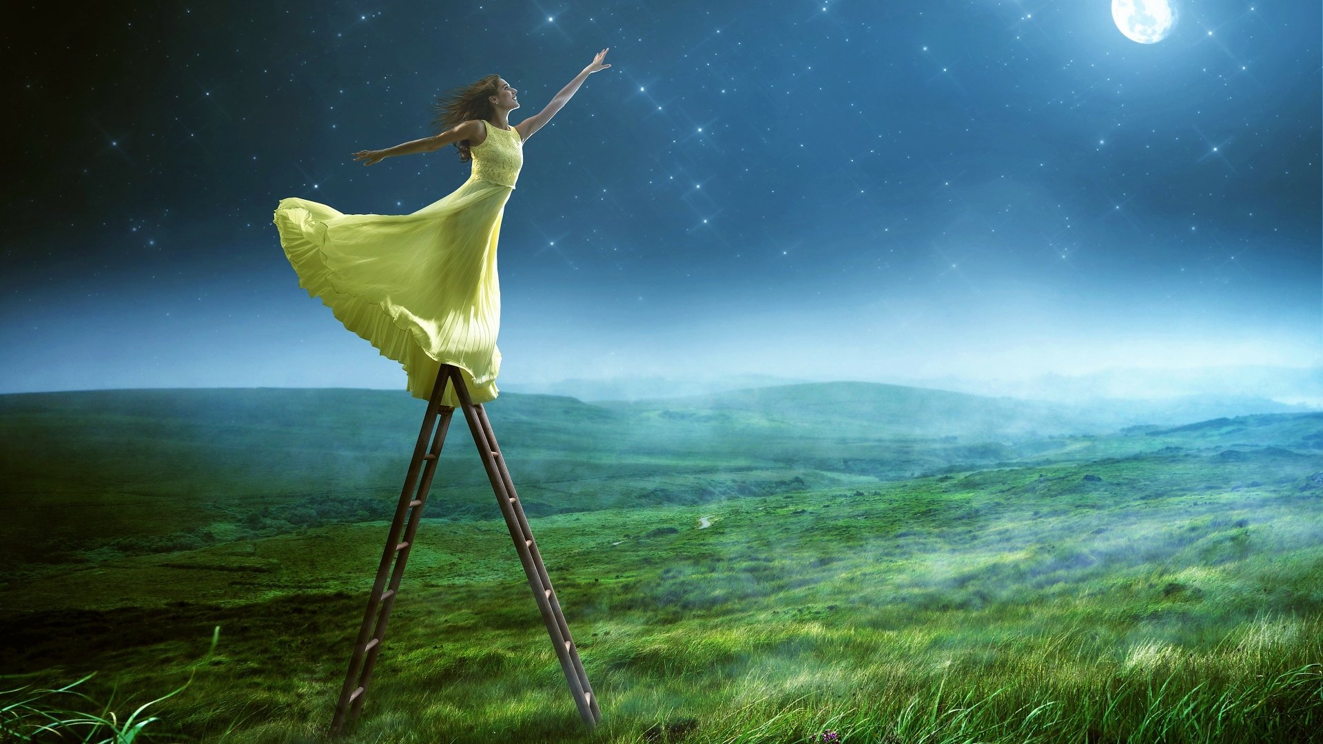 4K Ultra HD artistic fantasy desktop wallpaper: woman in a flowing yellow dress on a tall ladder in grassy fields beneath a glowing moon.