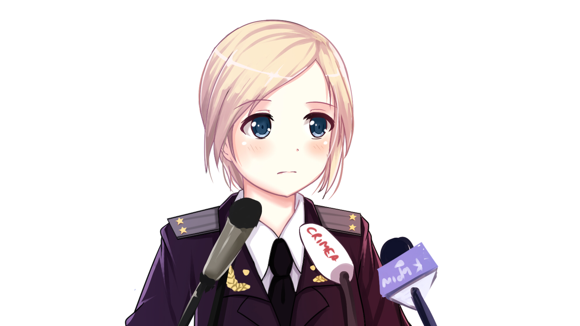 HD PC wallpaper: anime-style blonde girl in a dark formal uniform with blue eyes and a soft expression, speaking into microphones against a clean white background.