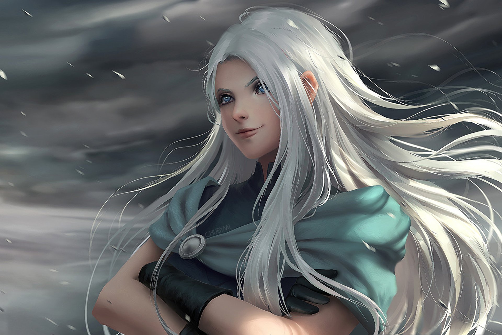 HD anime-style original desktop wallpaper featuring a confident character with long white hair and a teal cloak against a stormy, dynamic background.