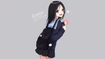 Anime girl in a school uniform with long black hair and a backpack, smiling against a plain gray background, designed as an HD PC desktop wallpaper.