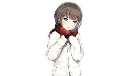 HD anime desktop wallpaper featuring a girl with short brown hair, blue eyes, wearing a white coat and a red and black scarf against a clean white background.
