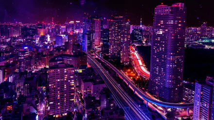 Nighttime view of Tokyo's illuminated cityscape with vibrant lights, towering buildings, and a busy highway winding through the urban architecture in 4K Ultra HD quality.