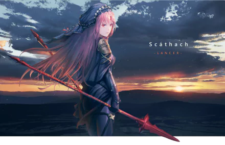 Scathach (Fate/Grand Order) anime wallpaper: armored purple-haired lancer with red spear gazes over a glowing sunset horizon — HD PC desktop background.