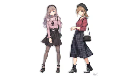 HD anime original artwork of two girls wearing skirts, featuring detailed outfits and accessories, designed as a PC desktop wallpaper and background.