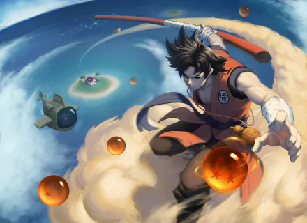HD desktop wallpaper featuring Goku from Dragon Ball in an action pose, flying on a cloud with Dragon Balls and a small island in the background.