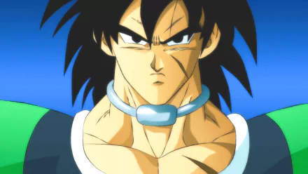 Broly from Dragon Ball Super depicted in sharp 4K Ultra HD anime style, featuring his intense expression and iconic green and blue outfit.