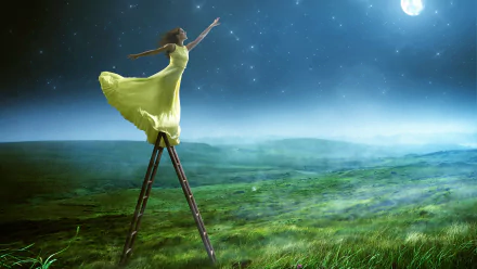 4K Ultra HD artistic fantasy desktop wallpaper: woman in a flowing yellow dress on a tall ladder in grassy fields beneath a glowing moon.