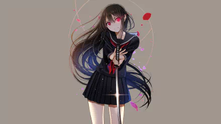 Anime girl with black hair in a school uniform holding a sword, set against a minimalistic HD wallpaper background. Pink petals surround her, enhancing the original artwork's visual appeal.