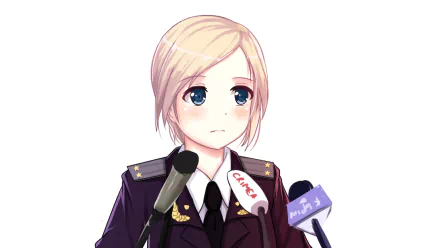 HD PC wallpaper: anime-style blonde girl in a dark formal uniform with blue eyes and a soft expression, speaking into microphones against a clean white background.