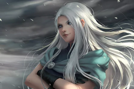 HD anime-style original desktop wallpaper featuring a confident character with long white hair and a teal cloak against a stormy, dynamic background.