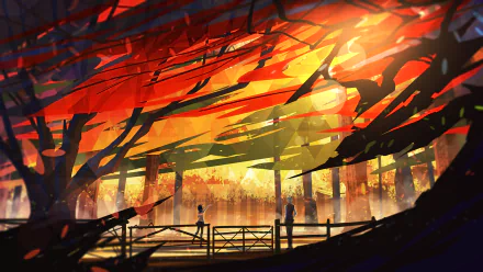 HD anime-style original desktop wallpaper featuring silhouetted figures beneath vibrant, fiery autumn trees with warm, glowing light filtering through the branches.