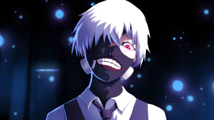 4K Ultra HD anime wallpaper featuring Ken Kaneki from Tokyo Ghoul with white hair, a dark mask, and glowing red eye against a starry, blue-black background.