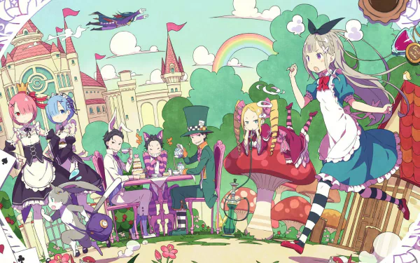 Colorful HD PC desktop wallpaper featuring anime characters from Re:Zero - Starting Life in Another World in a whimsical, fantasy setting with a castle and rainbow.