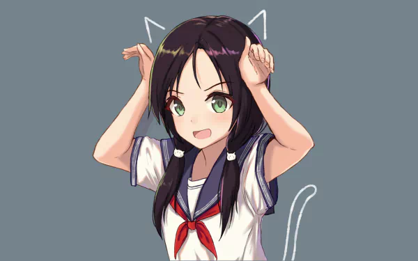 Anime character in a school uniform with cat ears and a tail on a HD desktop wallpaper background.