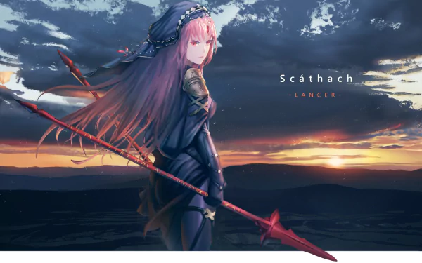 Scathach (Fate/Grand Order) anime wallpaper: armored purple-haired lancer with red spear gazes over a glowing sunset horizon — HD PC desktop background.