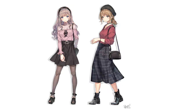 HD anime original artwork of two girls wearing skirts, featuring detailed outfits and accessories, designed as a PC desktop wallpaper and background.
